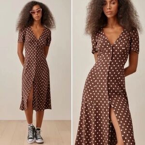 NEW Reformation Locklin French Midi Dress - Au Lait Chocolate Polka Dots